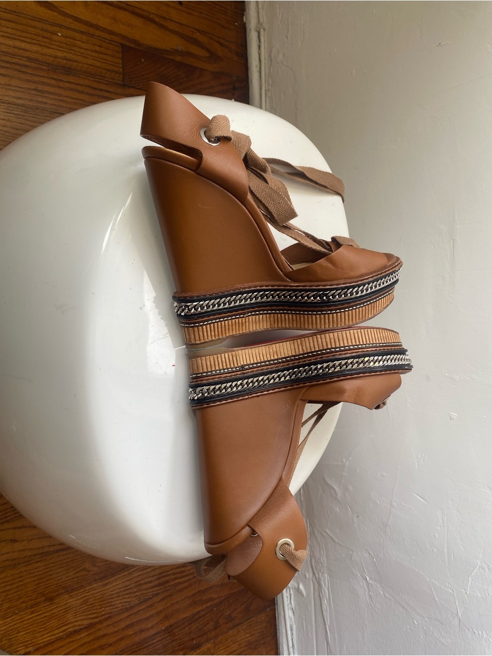 Christian Louboutin Brown Leather Platform Sandals with Chain Trim - Picture 6 of 7